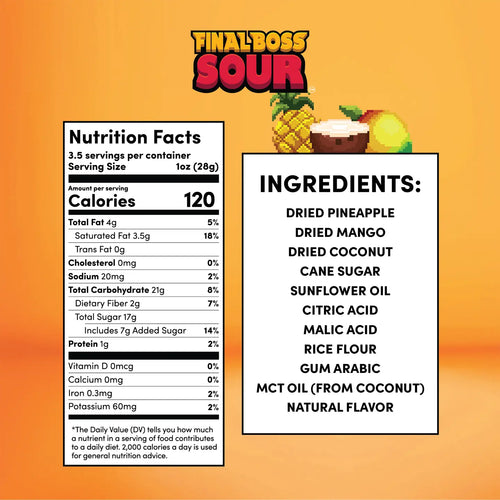 Nutrition facts and ingredients list for a product labeled 'Final Boss Sour' on an orange background