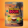 Pixelated 'Finalboss Sour' fruit packaging with tropical design on an orange background