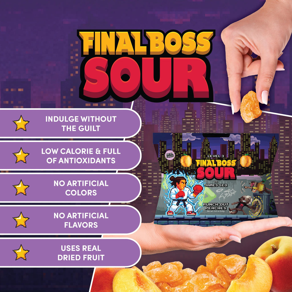 Promotional image of 'Final Boss Sour' with a hand holding a package and snacks against a cityscape background.