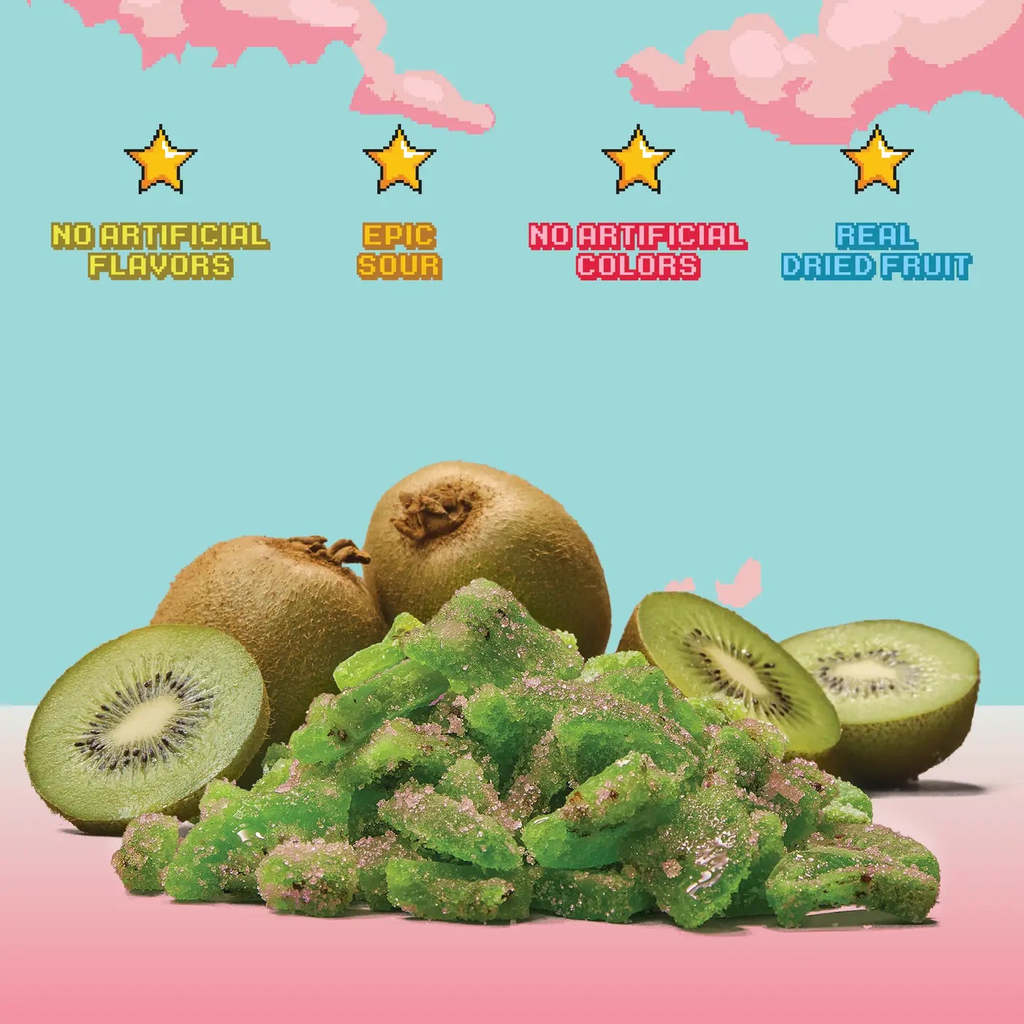 Green candy resembling kiwi fruit with text about flavor and color on a pink and blue background