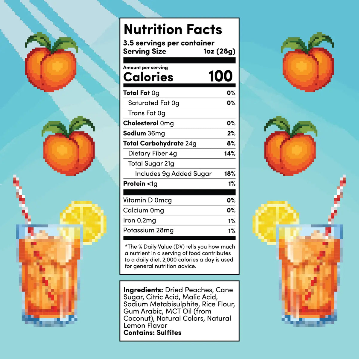 Nutrition facts and ingredients for Final Boss Lemon Iced Tea Peaches, including 100 calories per 1-ounce serving