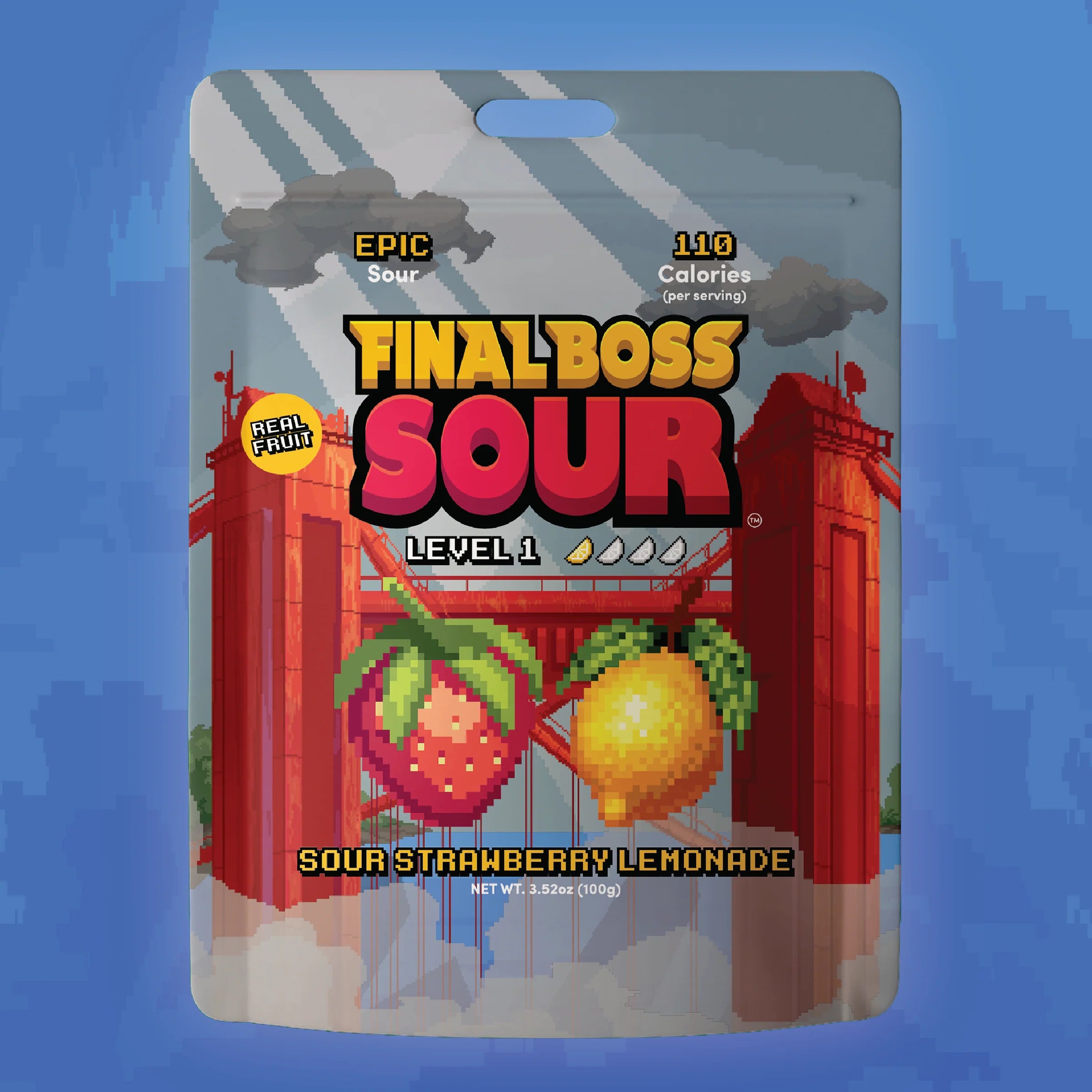 Packaging of FinalBoss Sour candy with pixel art design on a blue background