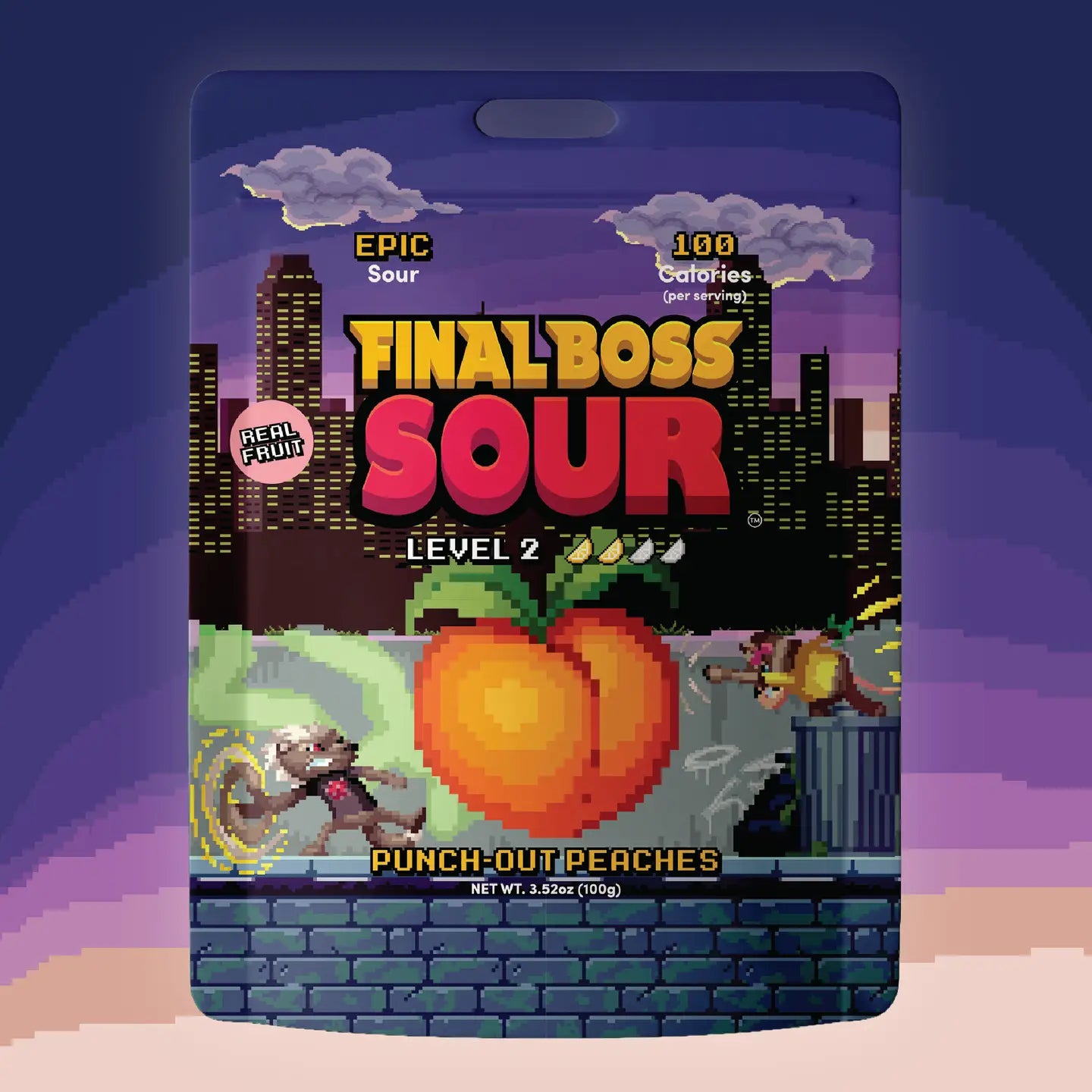Packaged snack with 'Final Boss Sour' branding on a retro video game theme