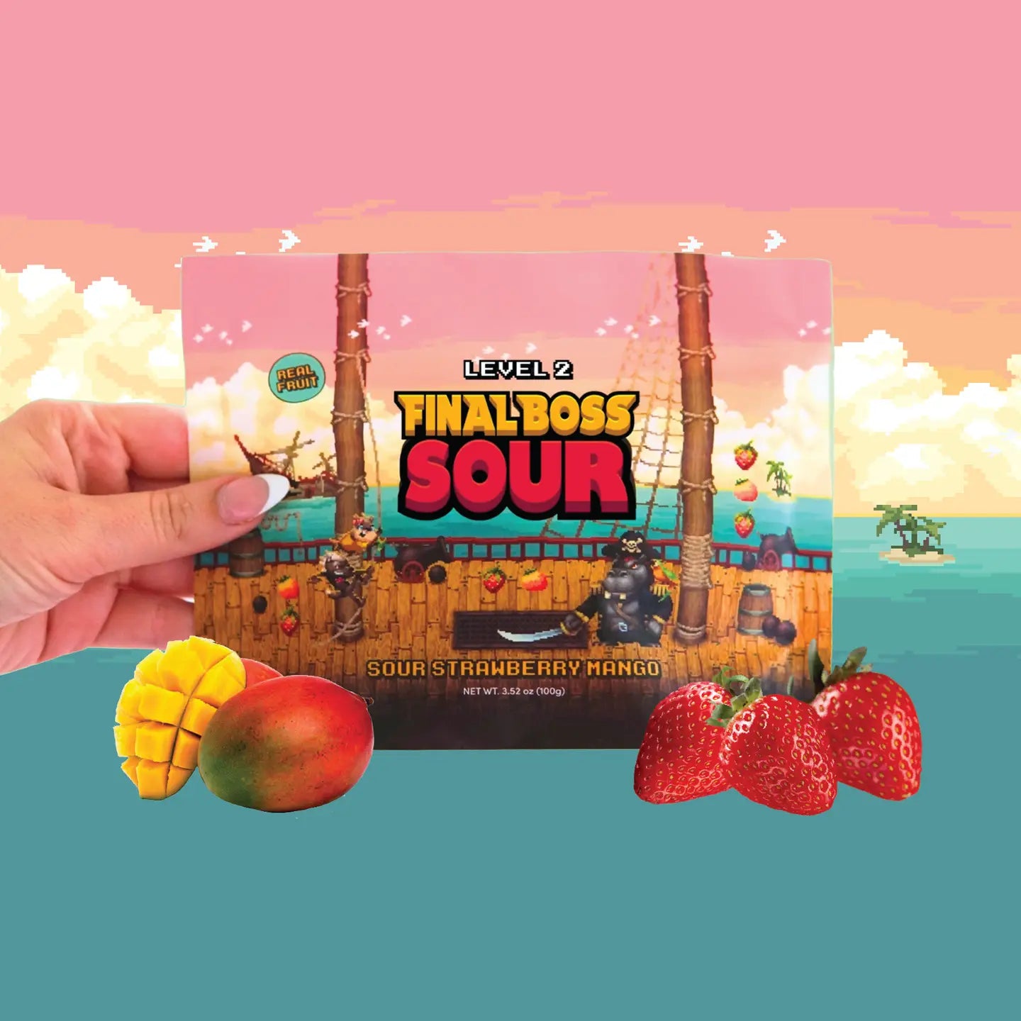 Sour strawberry mango candy package with a hand holding it, set against a tropical background