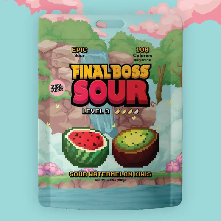 Sachet of 'Final Boss Sour' candy with pixel art design on a light blue background