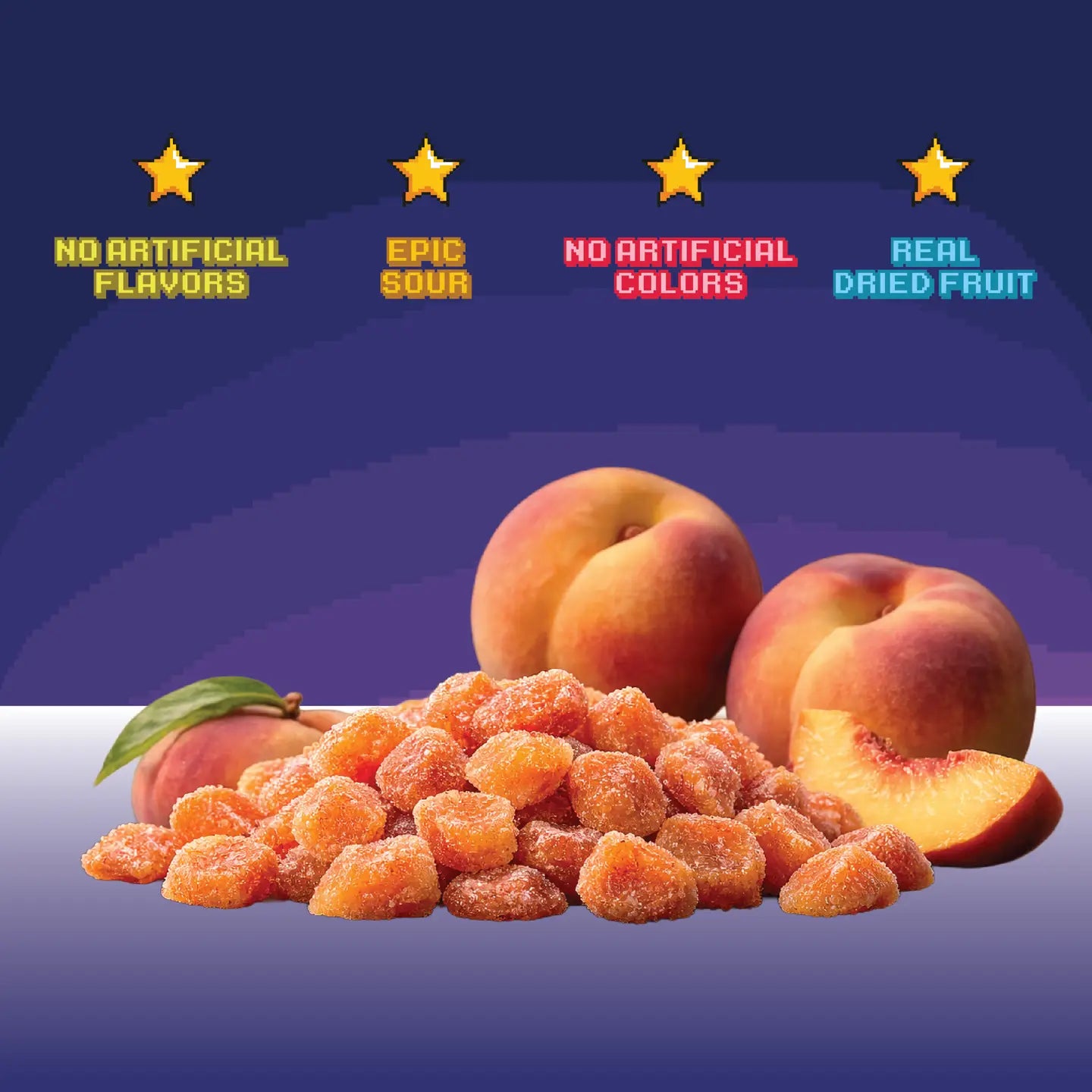 Dried peaches and fresh peaches on a purple background with text about product attributes