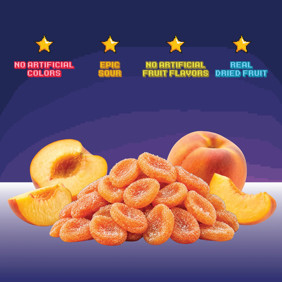 Front view of Final Boss Sour Level 3 Punch Out Peaches showcasing peach-shaped dried fruit and real dried fruit text