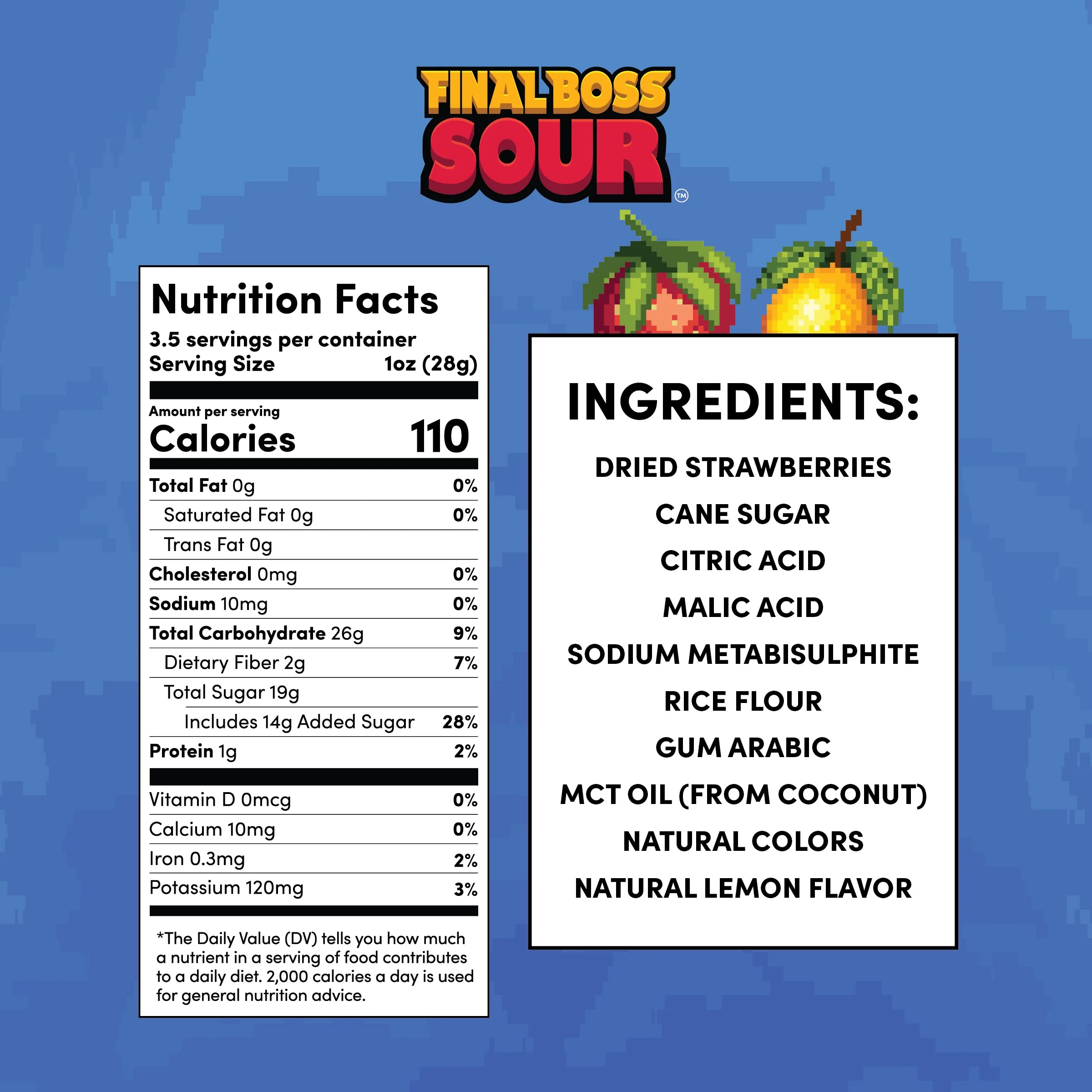 Nutrition facts and ingredients label for FinalBoss Sour on a blue background with cartoon characters