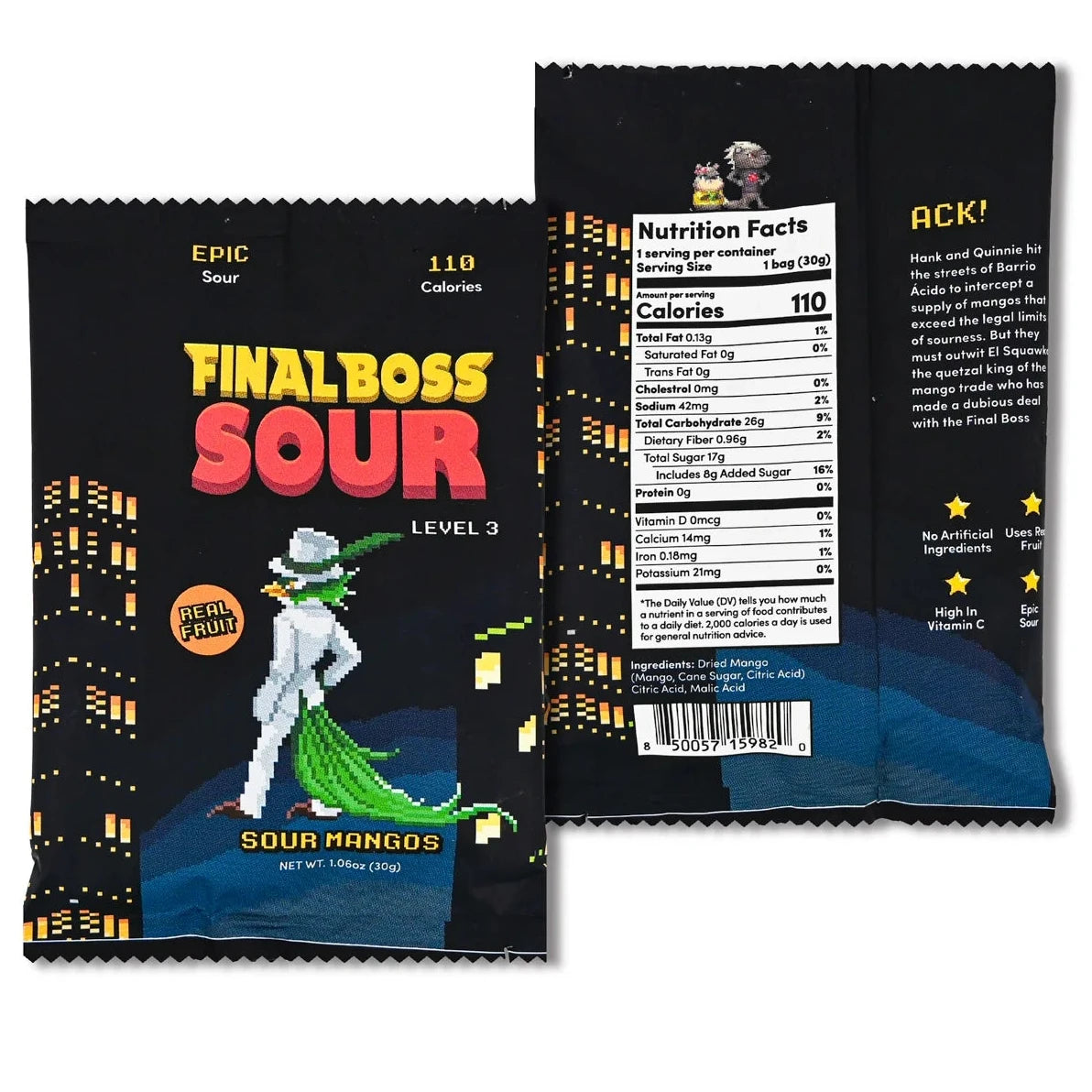 Sour candy package with colorful design and text on a white background