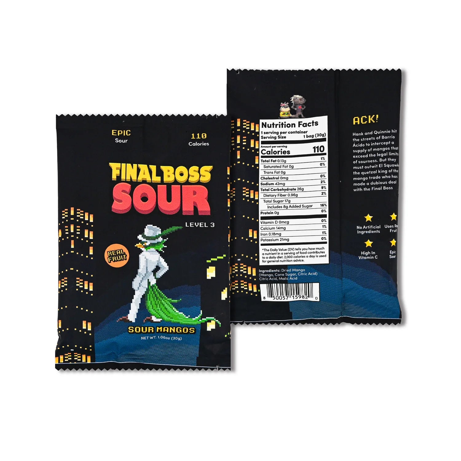Sour candy package with colorful design and text on a white background