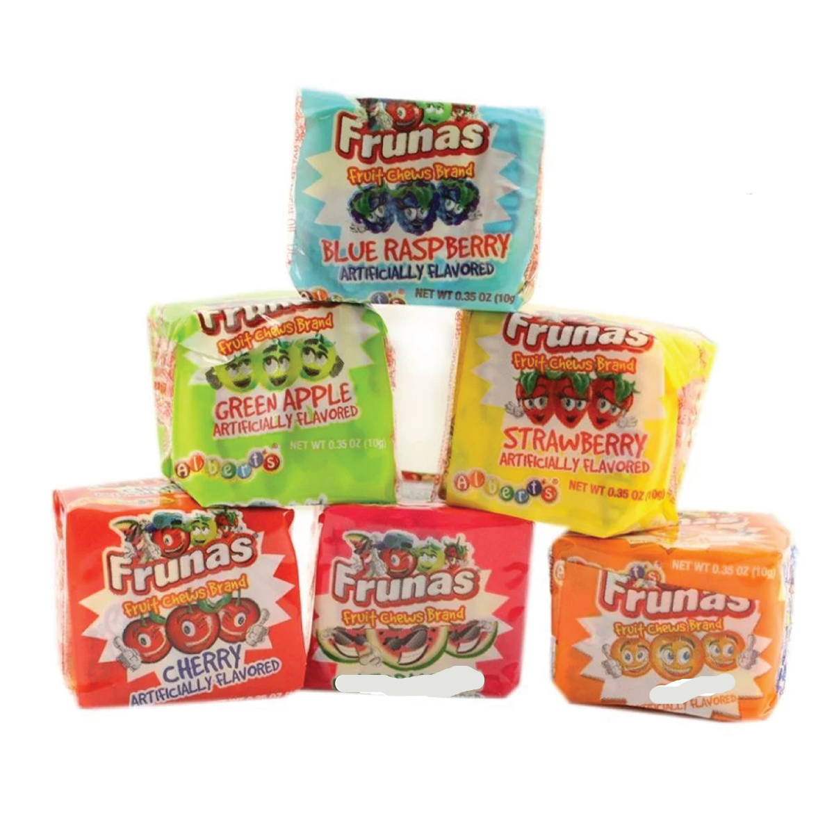 Assorted packages of Frunas fruit candy on a white background