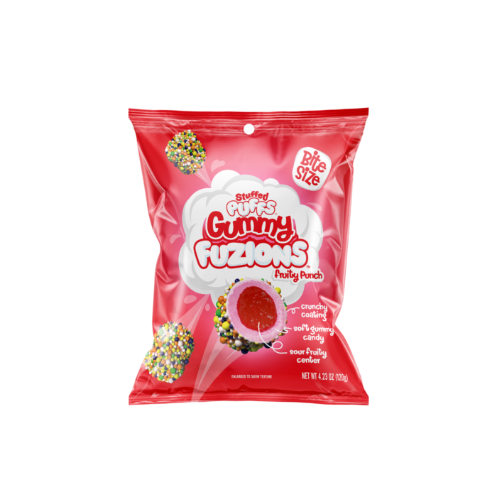 Red package of Stuffed Puffs Gummy Fuzzions Party Punch on a white background