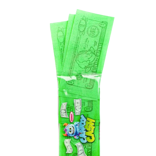 Glowing green candy packages with cartoon character on a white background