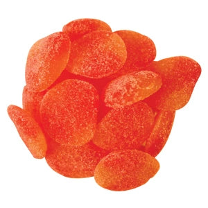 Front view of Gummy Peachy Hearts showcasing sugar-coated peach-colored heart gummies on a white background
