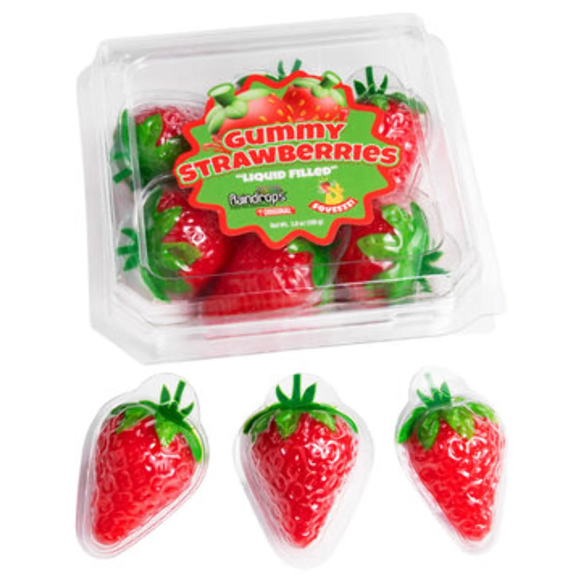 Three red strawberry-shaped liquid-filled gummy candies displayed below a clear plastic clamshell package labeled 'Gummy Strawberries Liquid Filled' on a white background
