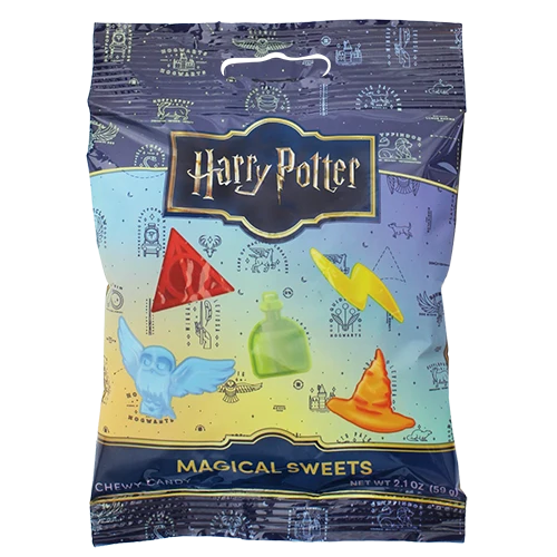 Front of Harry Potter - Magical Sweets bag showing colorful Harry Potter-shaped gummies on blue-purple packaging