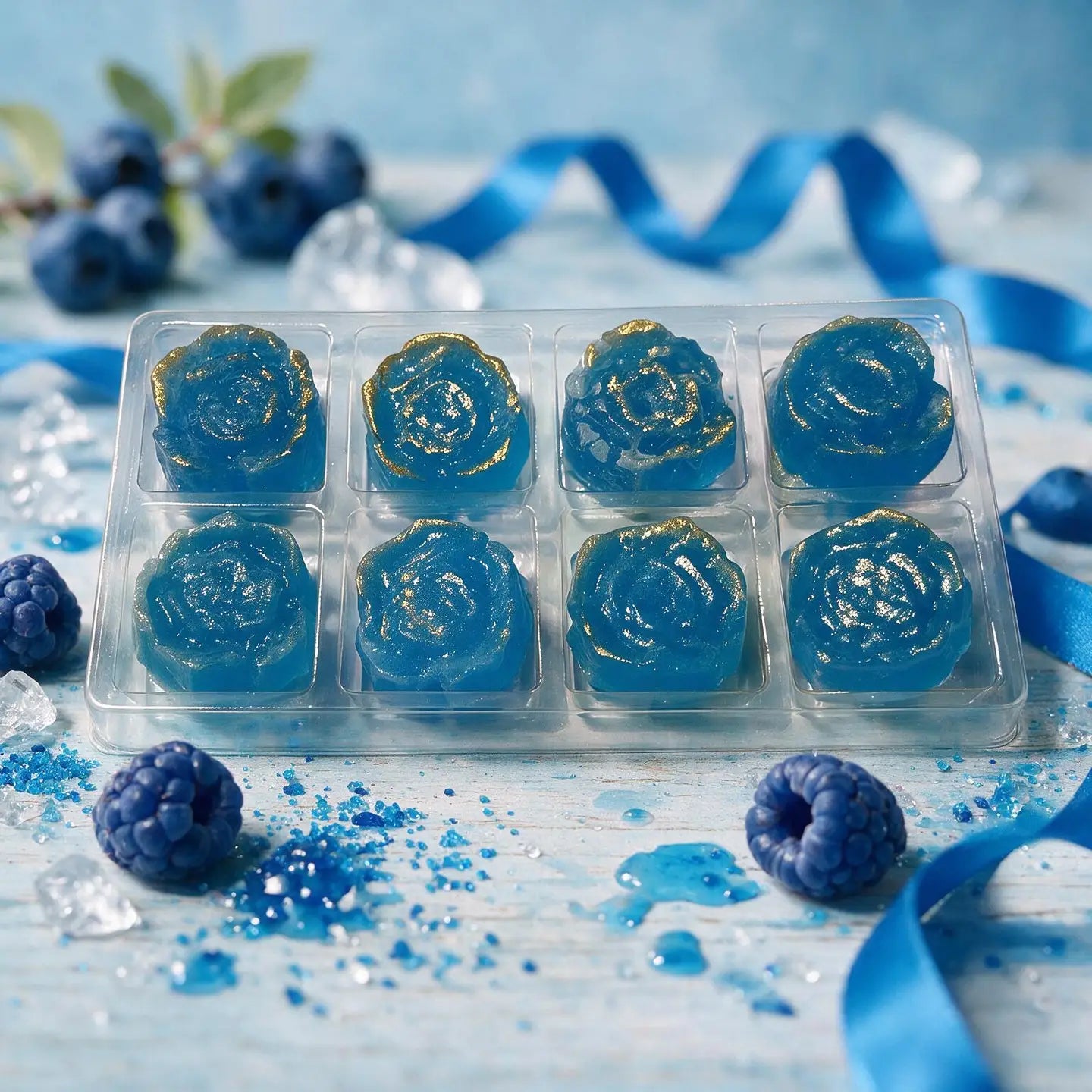 Eight blue rose-shaped gel candies in a clear plastic tray, styled with blueberries, ice cubes, and blue ribbons on a light blue surface