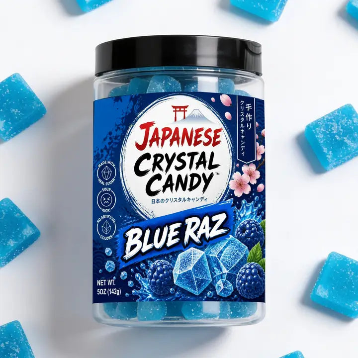 Jar of Japanese Crystal Candy Blue Raz on a white background with blue candy pieces