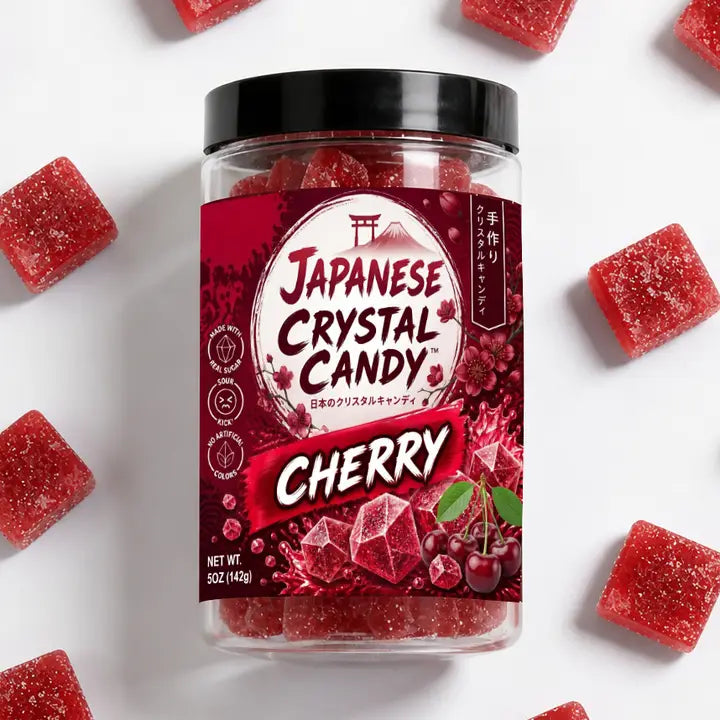 Jar of Japanese Crystal Candy Cherry on a white background with scattered pieces around