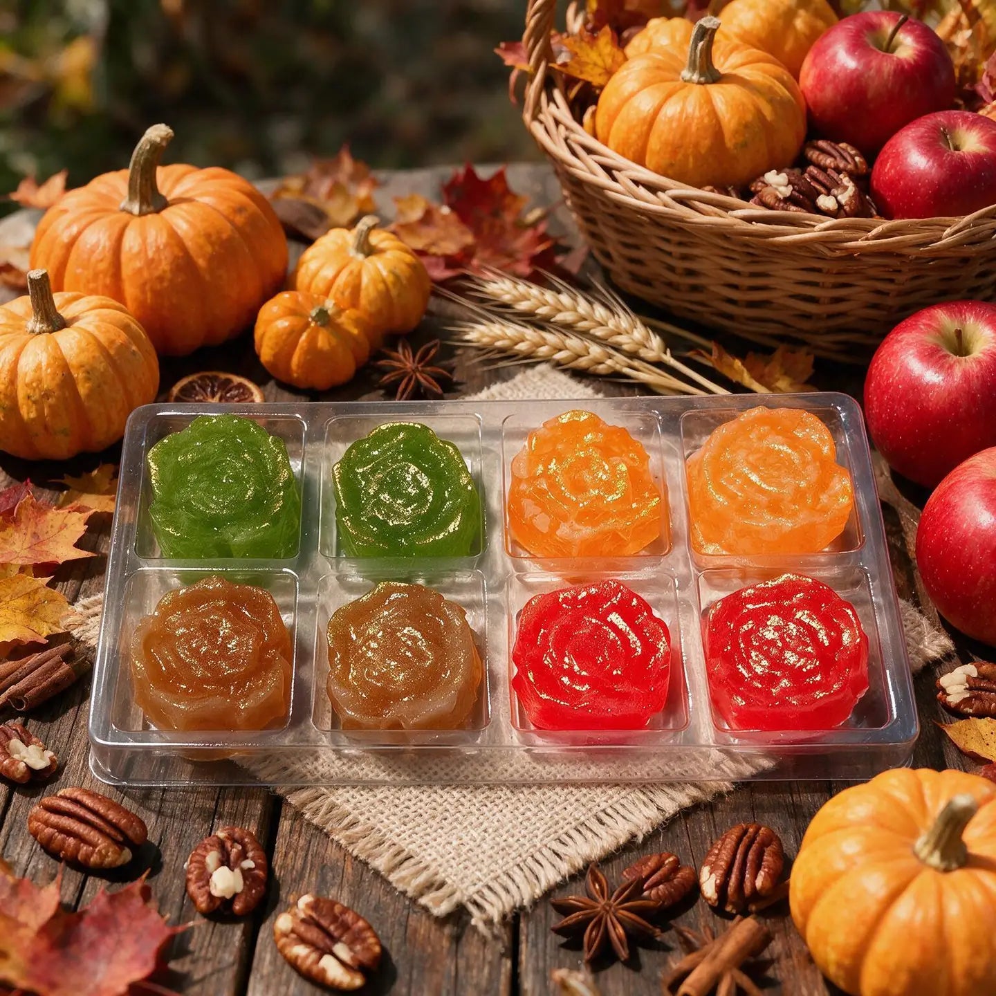 A clear plastic tray holding six rose-shaped translucent candies in green, orange, amber, and red, styled on a rustic wooden surface with pumpkins, apples, leaves, and nuts