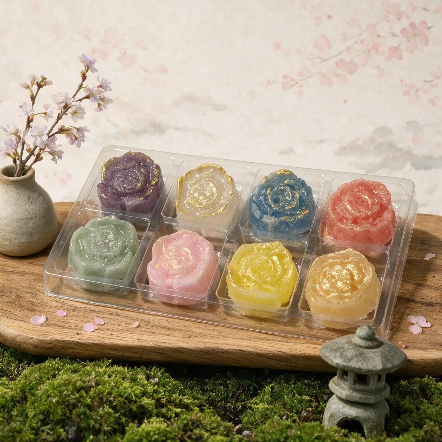 A clear plastic tray holding eight rose-shaped crystal candies in assorted pastel and metallic colors, arranged on a wooden board with moss, a small vase of flowers, and a stone lantern against a soft floral background