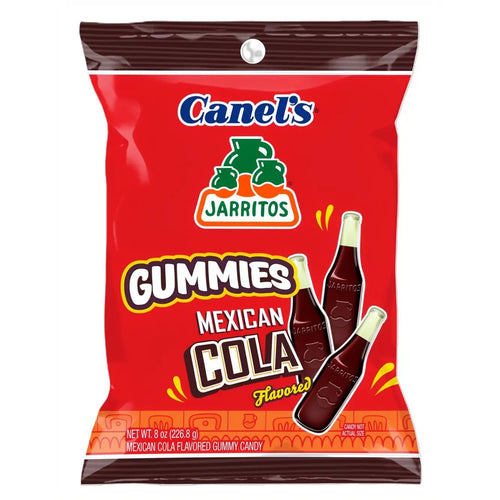 Front view of Jarritos Mexican Cola Gummies showcasing cola bottle shaped candy in a red package weighing 8 ounces