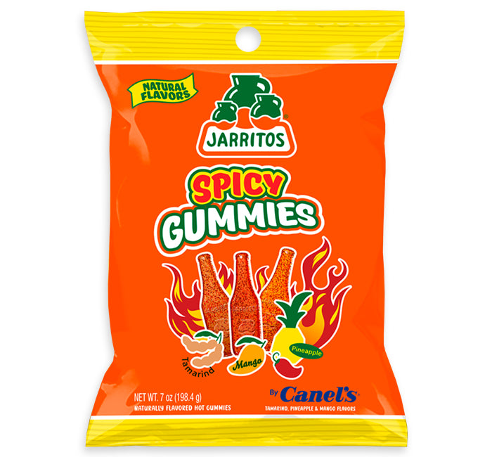 Jarritos Spicy Gummies packaging with orange and yellow colors on a white background