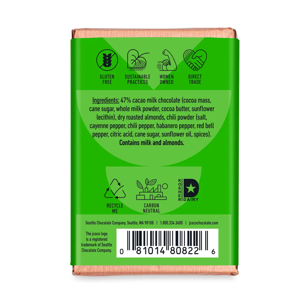 Back of Jcoco Chili Almond chocolate bar showing ingredients, certifications, and barcode on a green wrapper