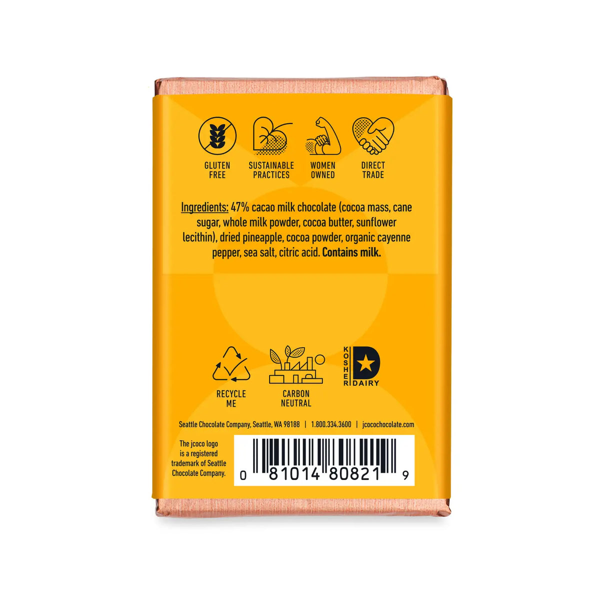 Back view of Jcoco Spicy Pineapple chocolate bar showcasing ingredients and certifications on yellow packaging