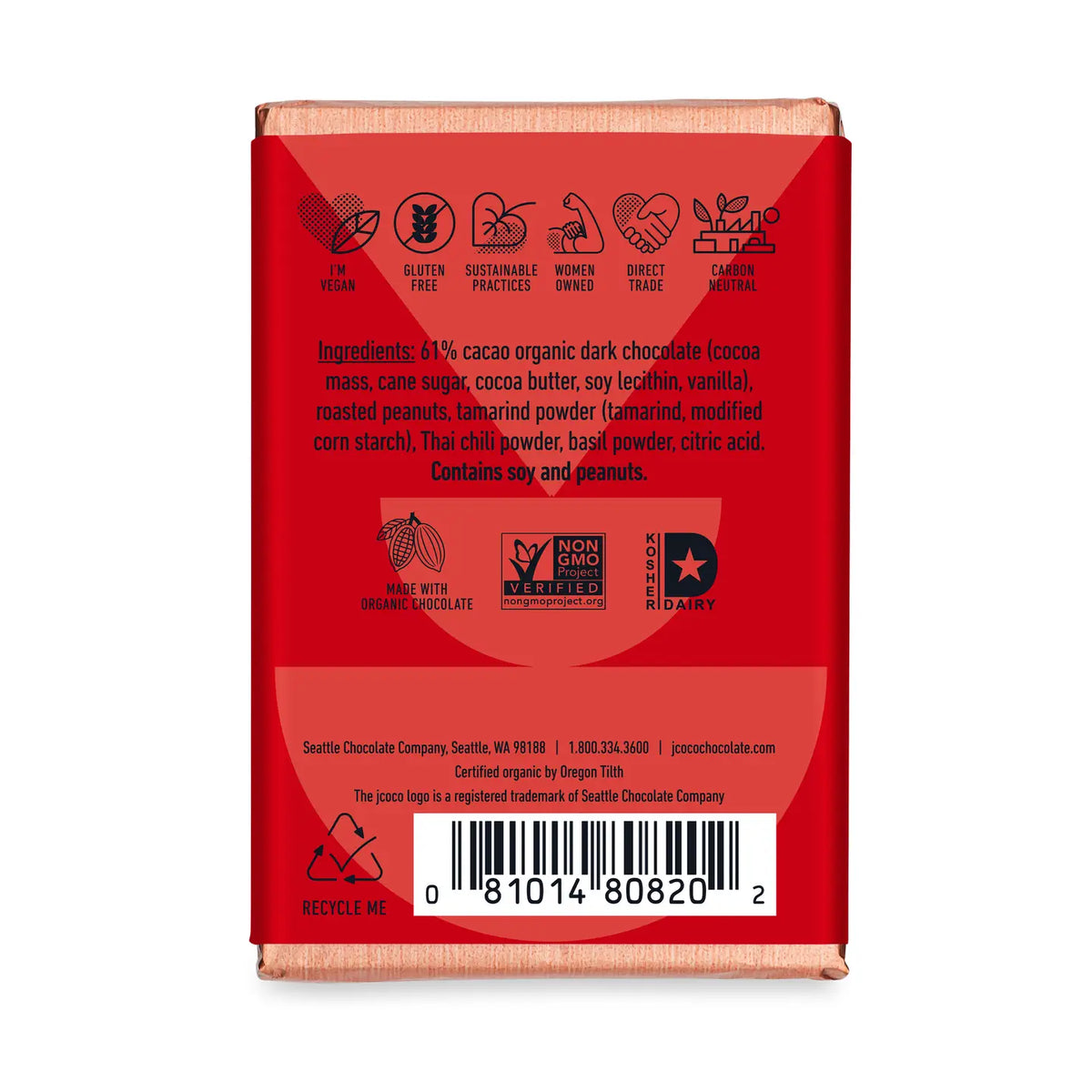Back view of Jcoco Thai Chili Peanut dark chocolate bar showing ingredients and sustainability details on red packaging