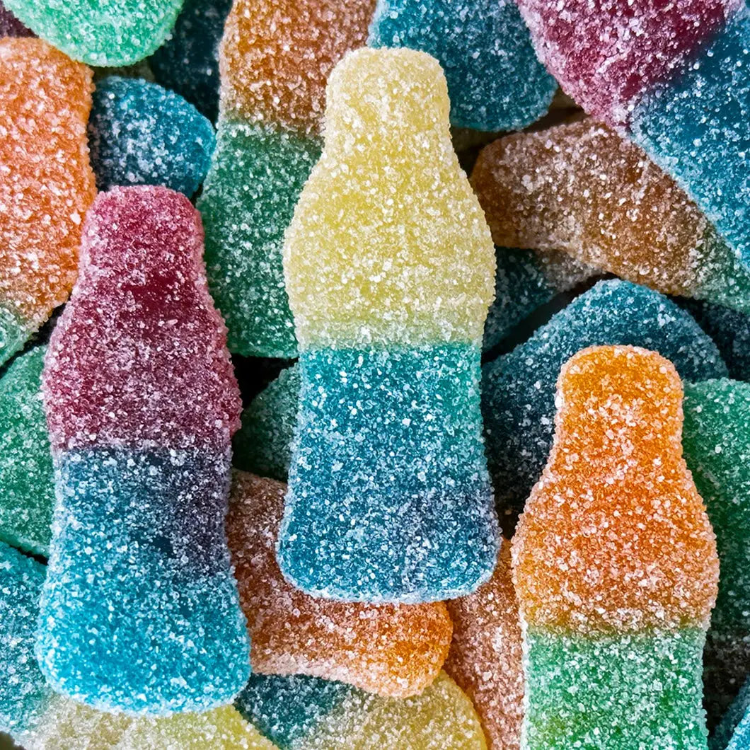 Colorful gummy bottles with a sugary coating