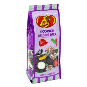 Purple bag of Jelly Belly Licorice Bridge Mix on a white background
