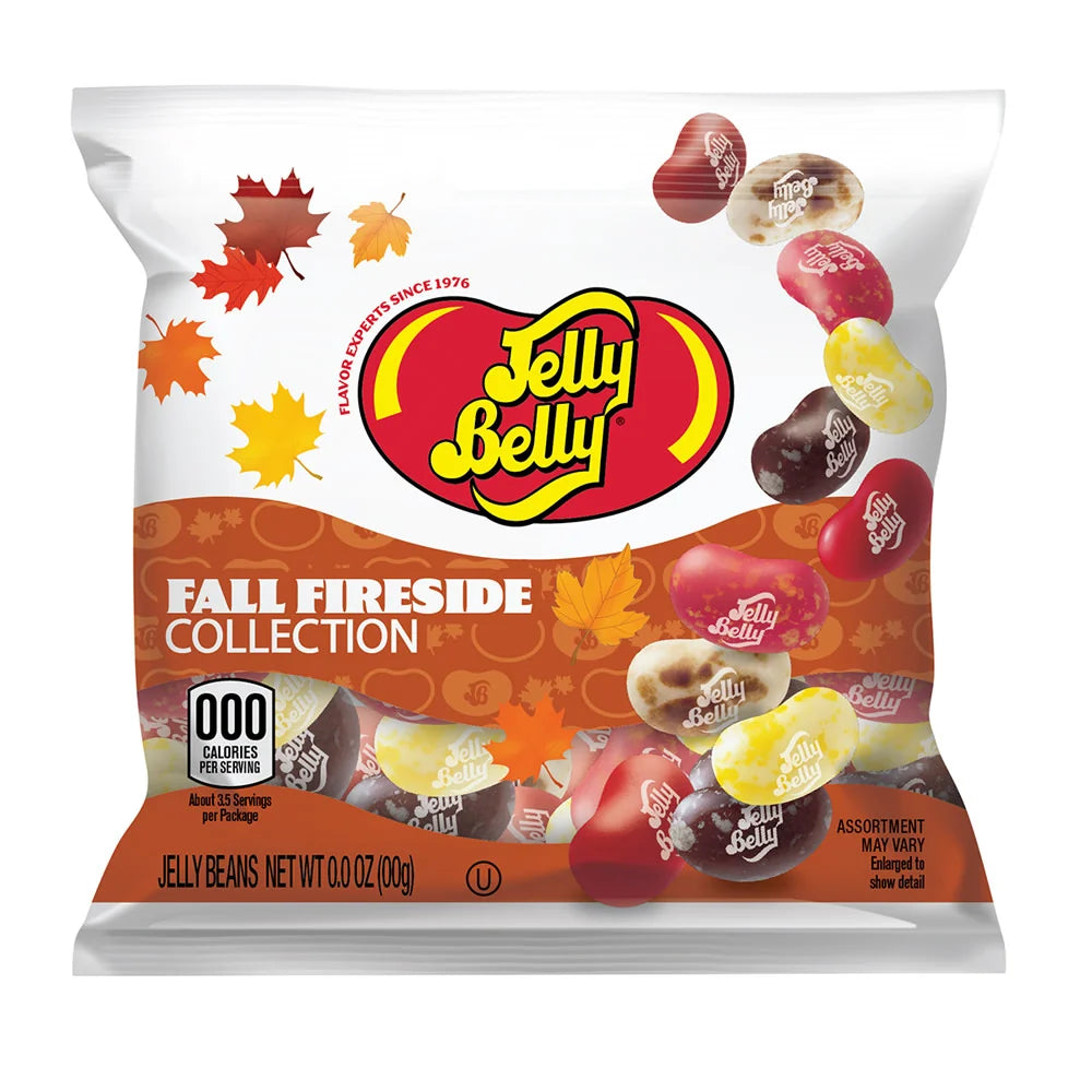 Jelly Belly Fall Fireside Collection packaging with colorful jelly beans on a white background