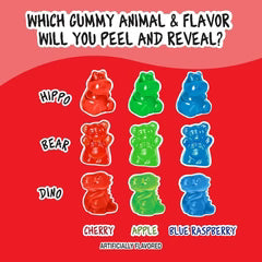 Gummy bear flavors with colorful illustrations on a red background