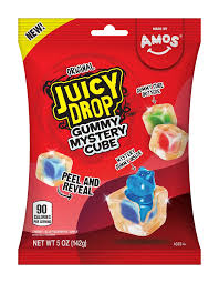Red package of Juicy Drop Gummy Mystery Cubes with colorful gummy candies on a white background