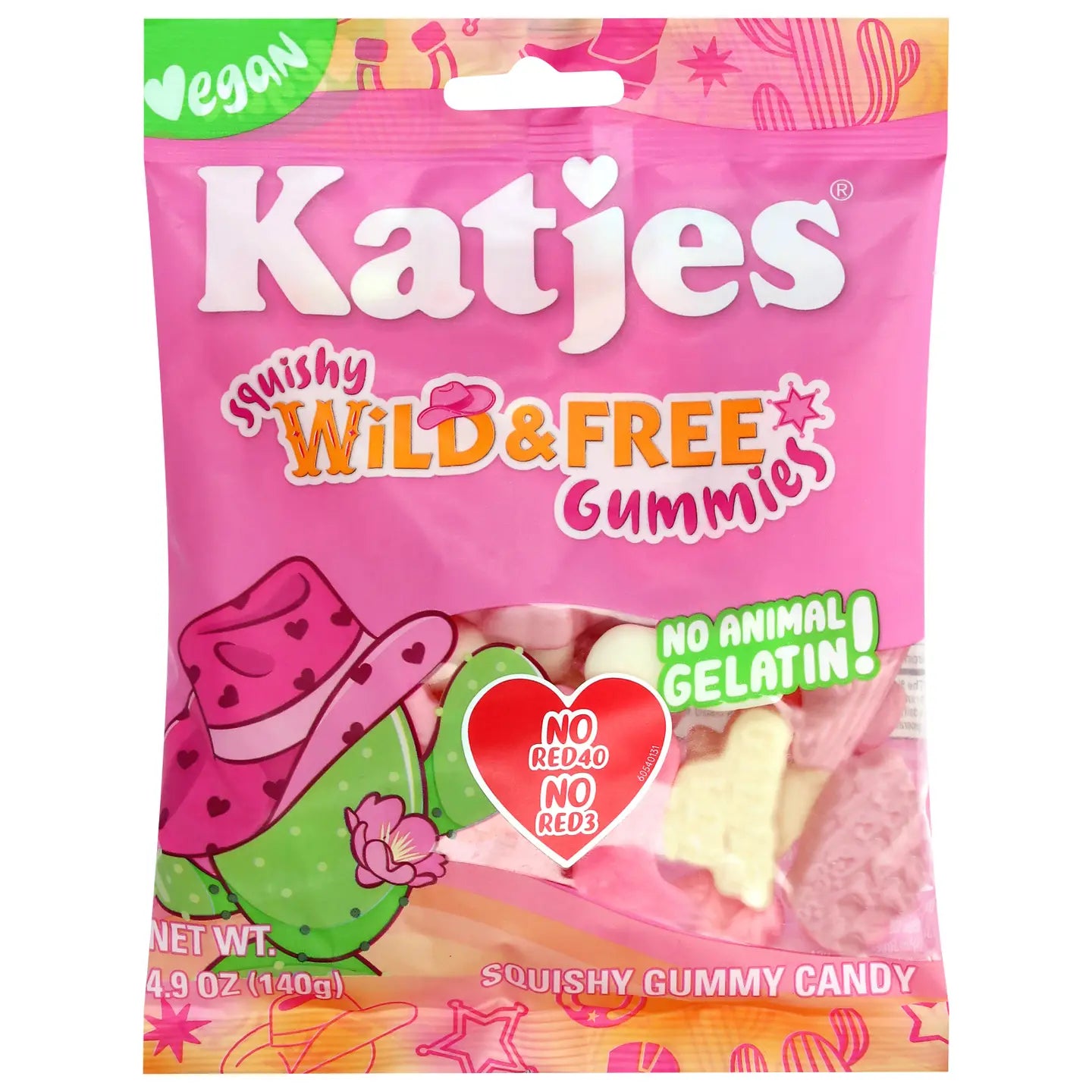 Pink package of Katjes Squishy Wild & Free Gummies with colorful illustrations on a white background