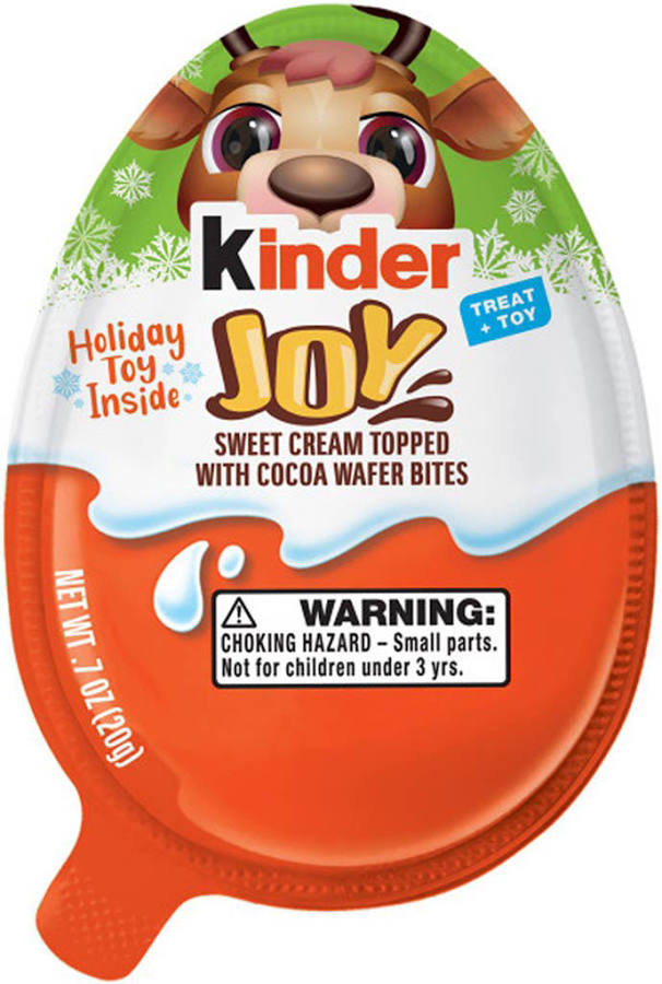 Front view of Kinder Joy Holiday egg showcasing a holiday toy and sweet cream with cocoa wafer bites on white background