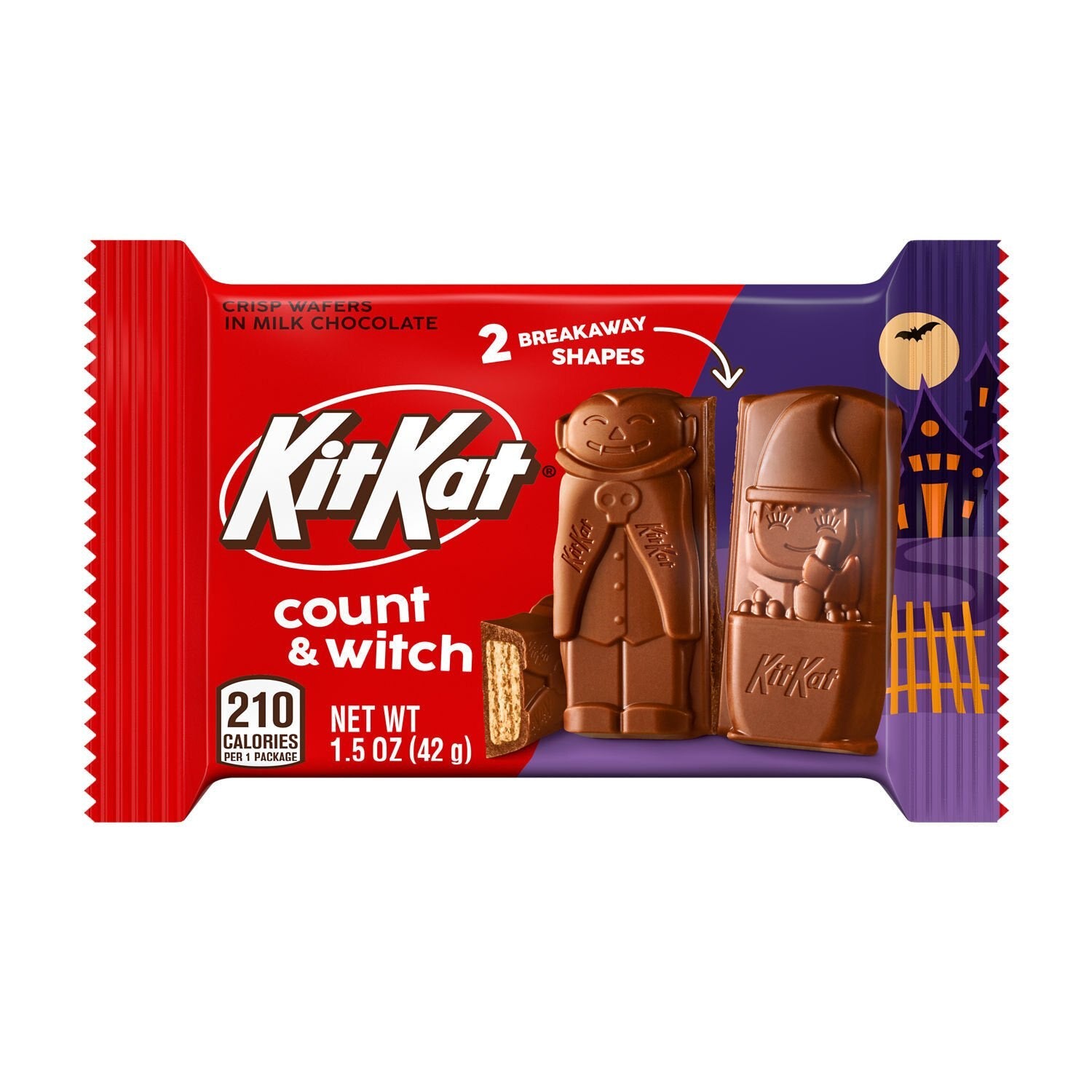 KitKat count & witch chocolate bar in its red and purple wrapper, showing the two shaped chocolate pieces inside