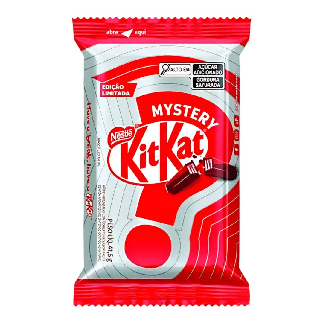 Red and white packaging of Nestle Mystery Kit Kat on a white background
