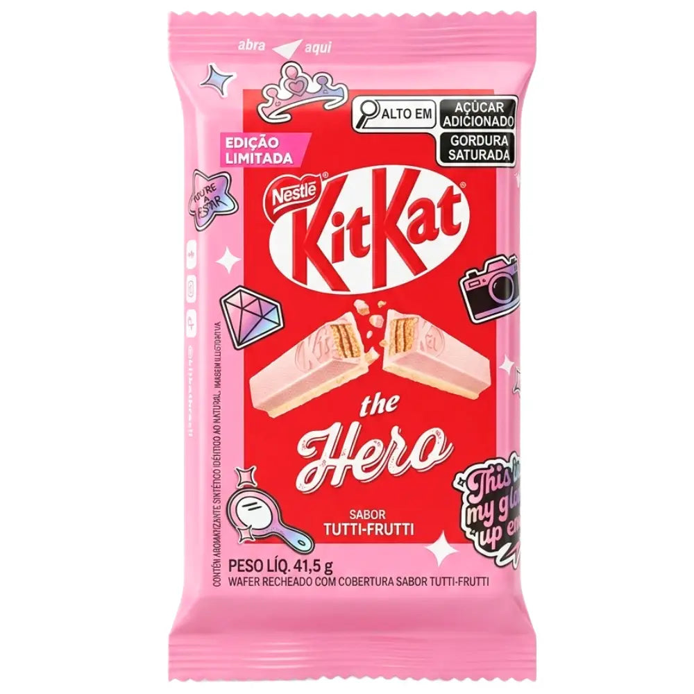 A pink and red KitKat 'the Hero' chocolate bar wrapper on a plain white background