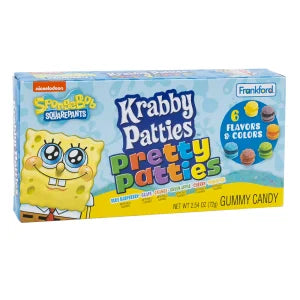 Box of Krabby Patties Pretty Patties gummy candy with SpongeBob SquarePants branding on a white background