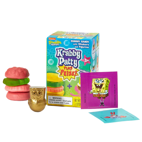 Krabby Patty toy set with packaging and accessories on a white background