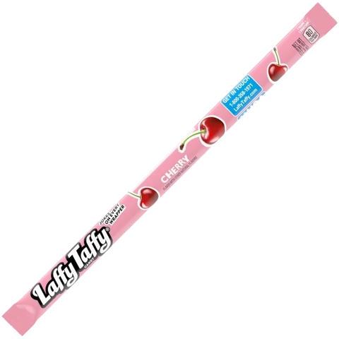 A single pink Laffy Taffy candy stick package wrapped diagonally across a white background, featuring cherry illustrations and a blue 'Gift Proof' label