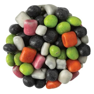 A pile of small, irregularly shaped licorice candy pieces in multiple colors including green, orange, pink, white, and black, isolated on a white background.