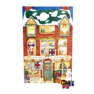 Front view of Madelaine Countdown to Christmas Calendar showcasing an illustrated Christmas village and 24 chocolate doors