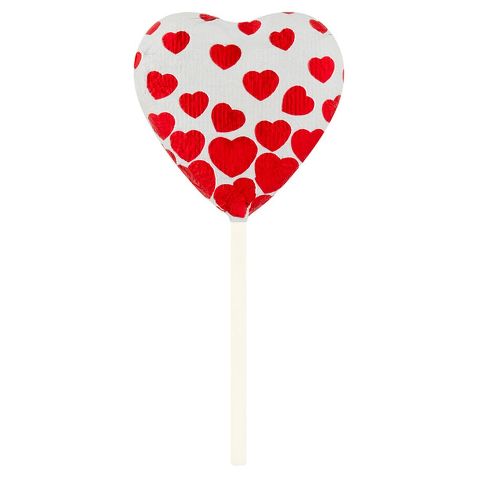 Heart-shaped lollipop with red hearts on a white background