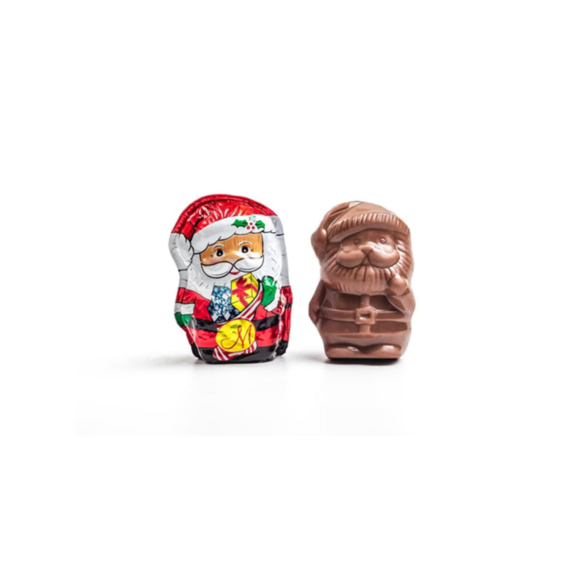 Front view of Madelaine Semi Solid Chocolate Santa showing a wrapped foil Santa and an unwrapped chocolate Santa on white
