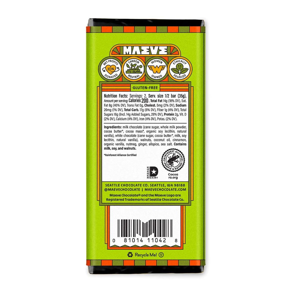 Back of Maeve Seattle Chocolate 14 Carrot Cake bar showing nutrition facts, ingredients, and gluten-free label