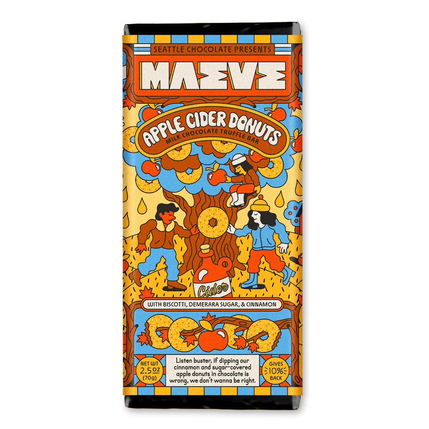 A packaged chocolate bar labeled MAZEVE Apple Cider Donuts, featuring a colorful retro-style illustrated wrapper with orange, yellow, blue, and brown tones, photographed on a plain white background