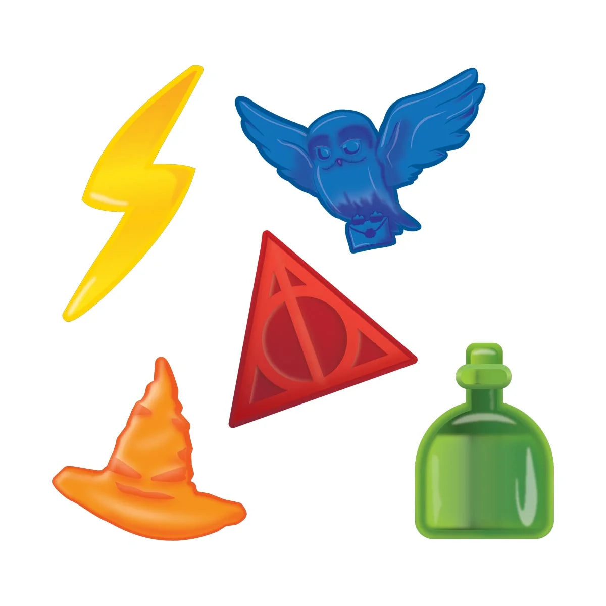 Flat lay of Harry Potter - Magical Sweets showing lightning bolt, owl, Deathly Hallows, wizard hat, potion bottle on white